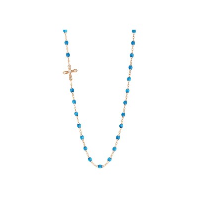 Collier Gigi Clozeau Croix Vintage en or rose, résine azur et diamants, taille 42cm