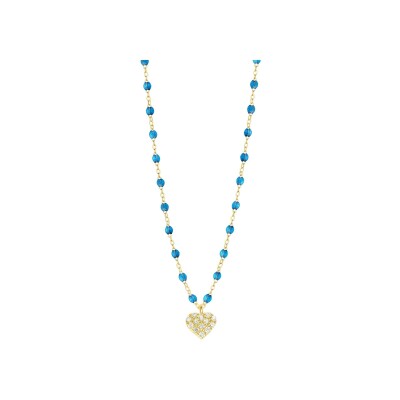 Collier Gigi Clozeau In Love en or jaune, résine azur et diamants, taille 42cm