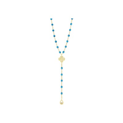 Collier Gigi Clozeau Lucky Trèfle en or jaune, résine azur et diamants, taille 45cm