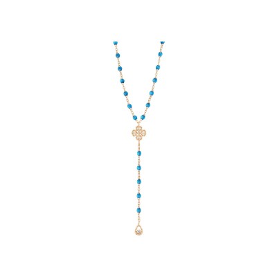 Collier Gigi Clozeau Lucky Trèfle en or rose, résine azur et diamants, 45cm