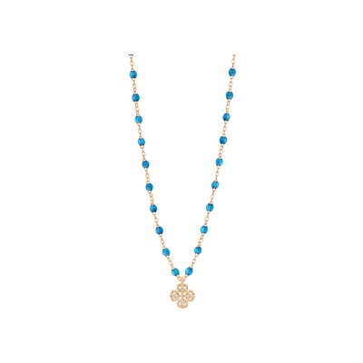 Collier Gigi Clozeau Lucky Trèfle en or rose, résine azur et diamants, taille 42cm