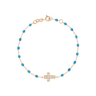 Bracelet Gigi Clozeau Croix en or rose, résine azur et diamants, taille 17cm