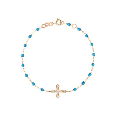 Bracelet Gigi Clozeau Croix Vintage en or rose, résine azur et diamants, taille 17cm