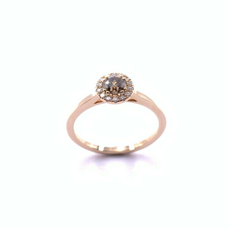 Solitaire en or rose, diamant cognac et diamants