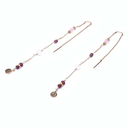 Boucles d'oreilles en or rose, améthyste, quartz rose et grenat