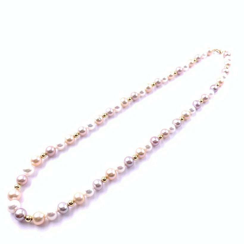 Collier perles de culture (diamètre 7/7.5mm), intercalaire et fermoir en or jaune