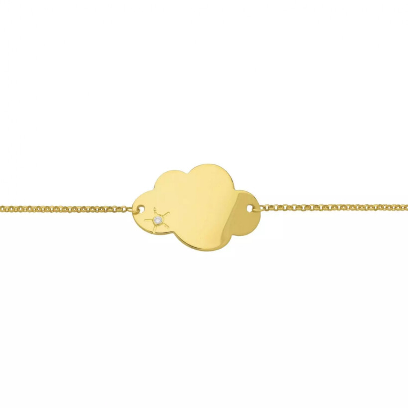 Bracelet identité en or jaune, plaque en forme de nuage avec diamant