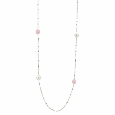 Collier sautoir en argent, perles de culture d'eau douce, quartz rose et ...