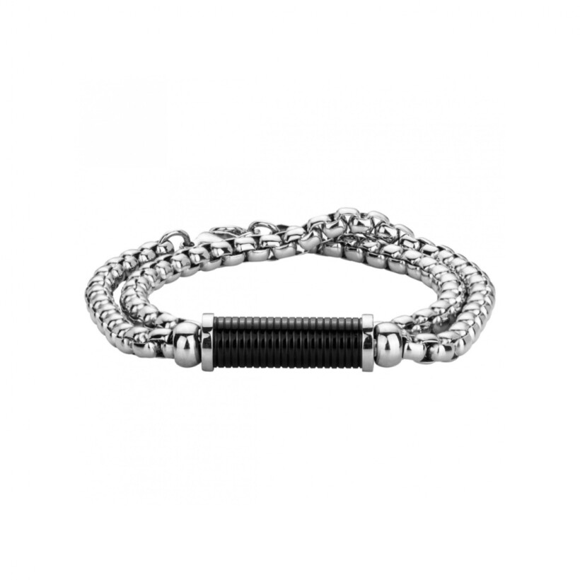 Bracelet double tour en acier avec motif central composé d'anneaux noirs