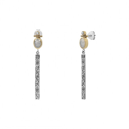 Boucles d'oreilles ethnique en argent composée de pierre de lune ovale et de perle synthétique avec sertissure en laiton