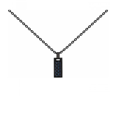 Collier en acier pvd noir et insert carbone fil bleu