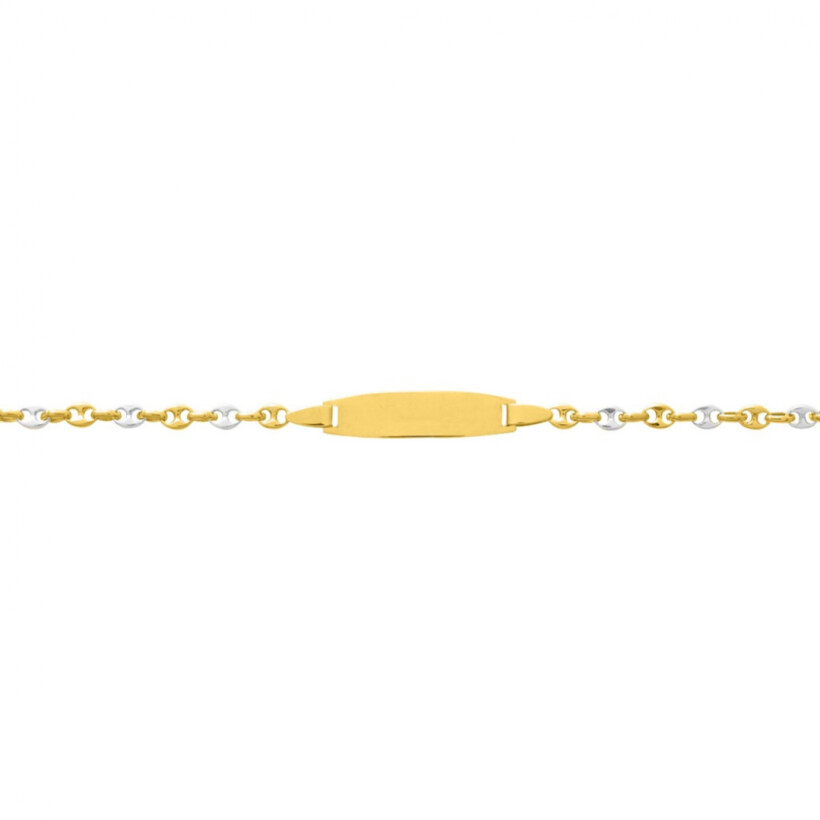 Bracelet identité en or jaune et or blanc, plaque tonneau