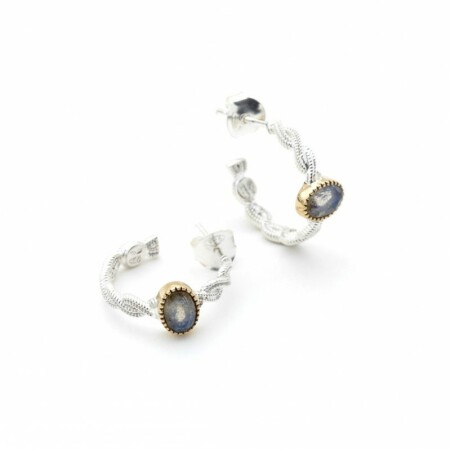 Boucles d'oreilles ethnique en argent composée de labradorites avec sertissure en laiton