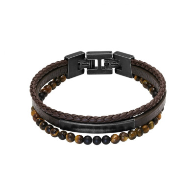 Bracelet en acier vintage, cuir marron, œil de tigre et agate