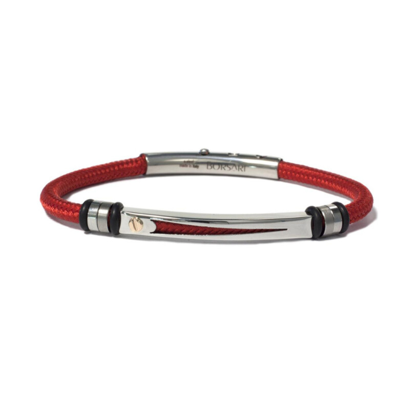 Bracelet en acier, insert vis or rose, cordon en polyester coloris rouge
