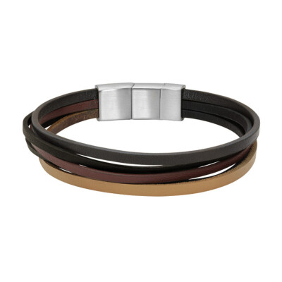 Bracelet en acier et cuir marron, beige et noir