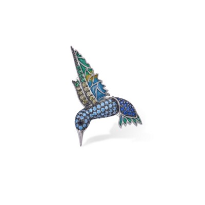 Broche en argent, émail et oxydes colorés, motif colibri