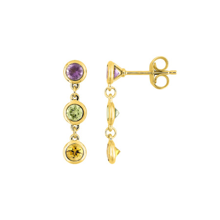 Boucles d'oreilles en or jaune, améthystes, péridots et citrine