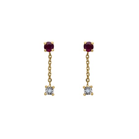 Boucles d'oreilles en or jaune, rubis et diamants