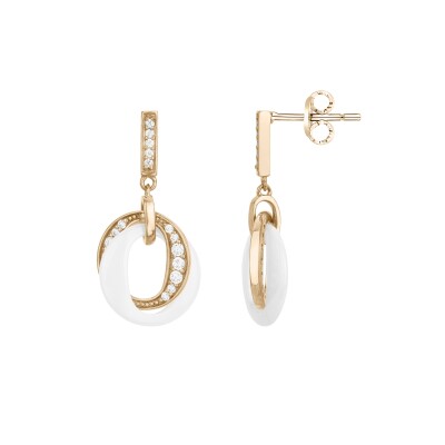 Boucles d'oreilles en plaqué or, céramique blanche et oxydes de zirconium