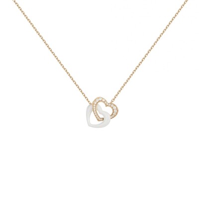 Collier en plaqué or, céramique blanche et oxydes de zirconium, motif cœur