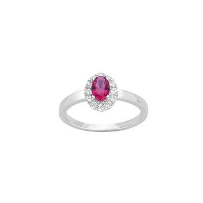 Bague en argent, spinelle synthétique rouge et oxyde de zirconium