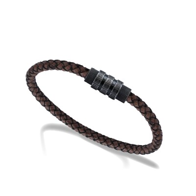 Bracelet en acier et cuir tressé, effet vieilli