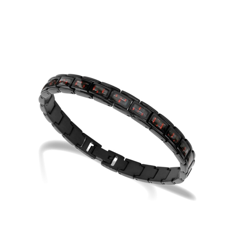 Bracelet en acier PVD noir et insert carbone avec fil rouge