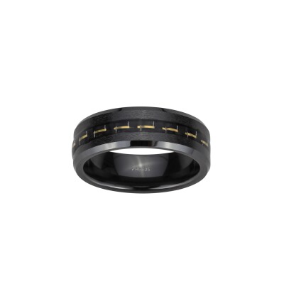 Bague en acier pvd noir et insert carbone fil jaune
