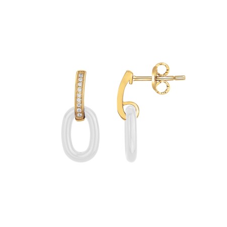 Boucles d'oreilles en plaqué or, céramique blanche et oxydes de zirconium