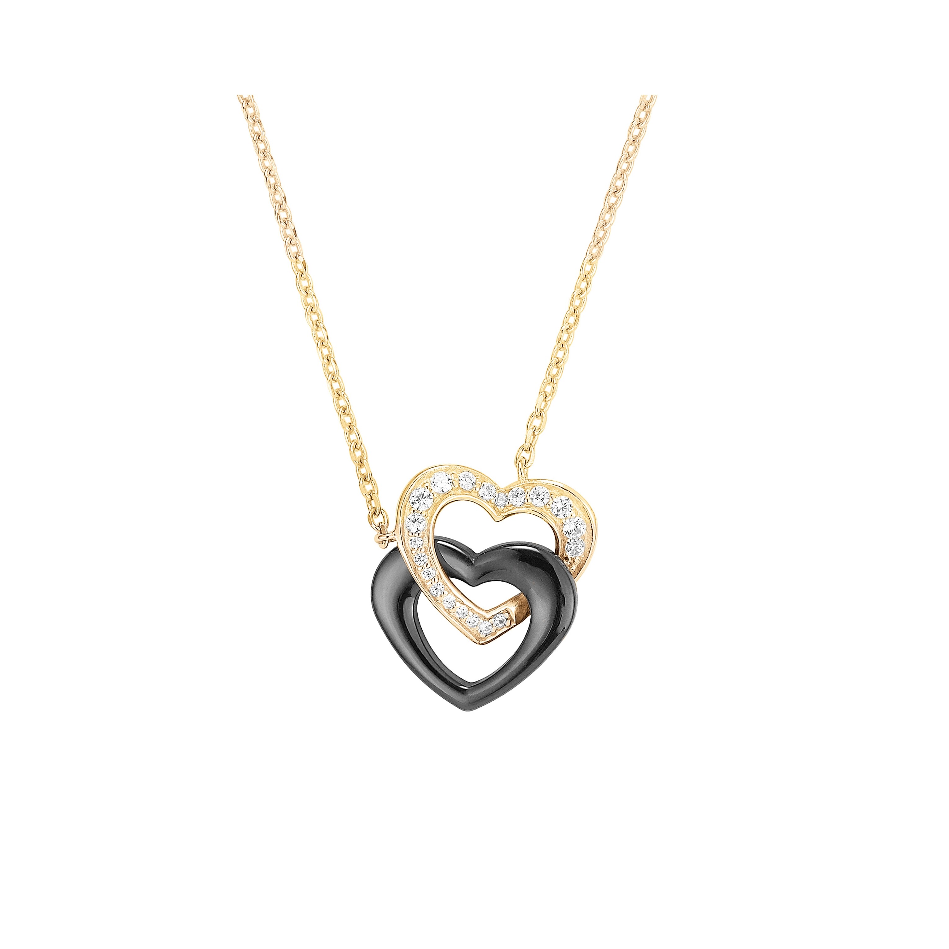 Collier en plaqué or, céramique noire et oxydes de zirconium, motif cœur