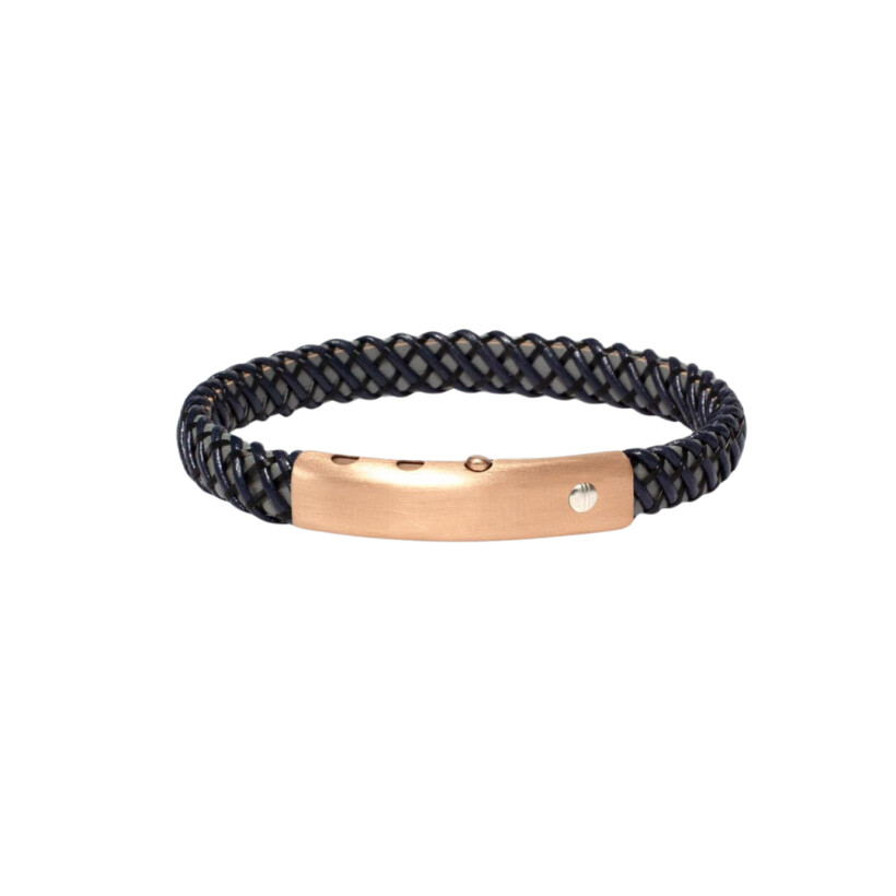 Bracelet en acier PVD rose, tresse cuir coloris titanium et insert vis or