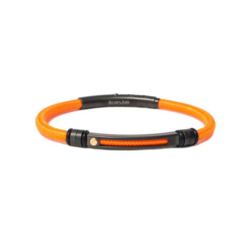 Bracelet en acier noir, insert vis or rose, cordon en polyester coloris orange