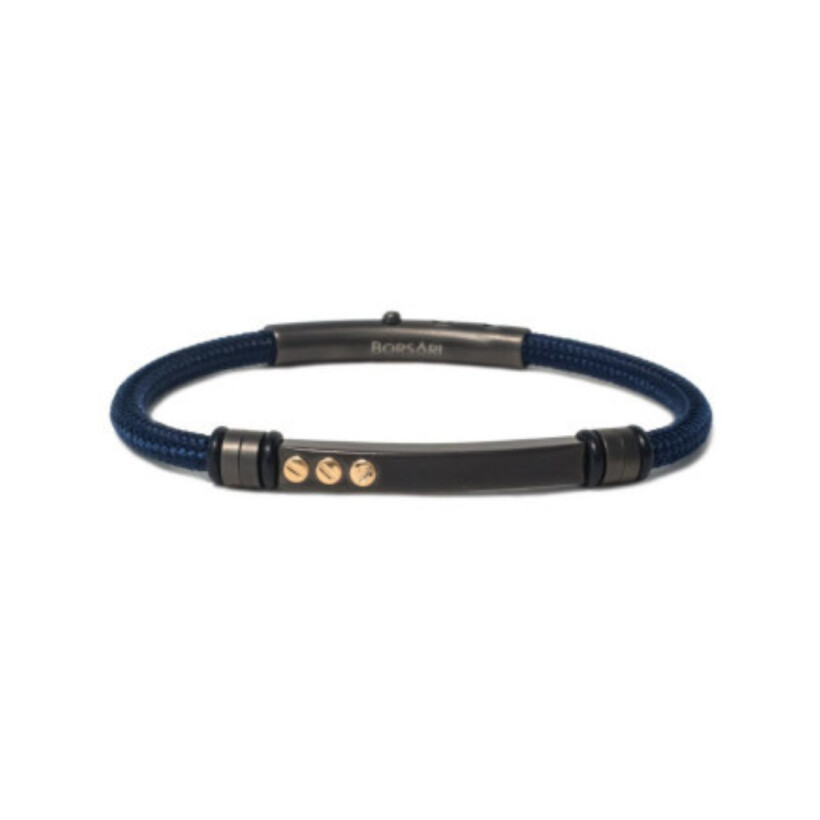 Bracelet en acier noir, insert vis or rose, cordon en polyester coloris bleu nuit