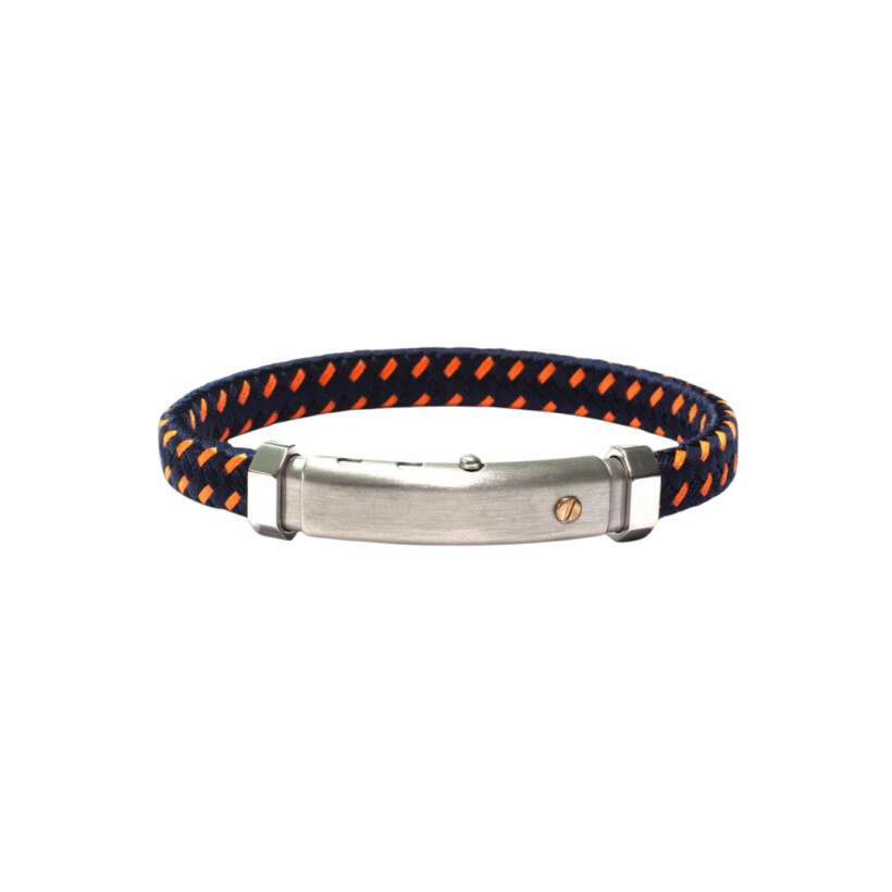 Bracelet en acier, insert vis or rose, cordon en polyester tressé coloris noir et orange