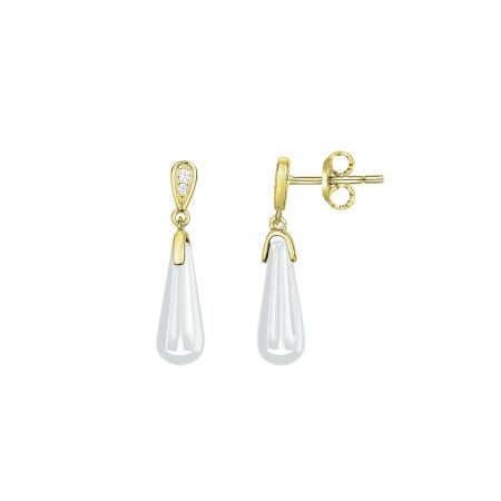 Boucles d'oreilles en plaqué or, céramique blanche et oxydes de zirconium