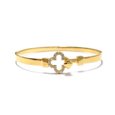 Bracelet en argent plaqué or jaune et oxydes de zirconium, motif trèfle