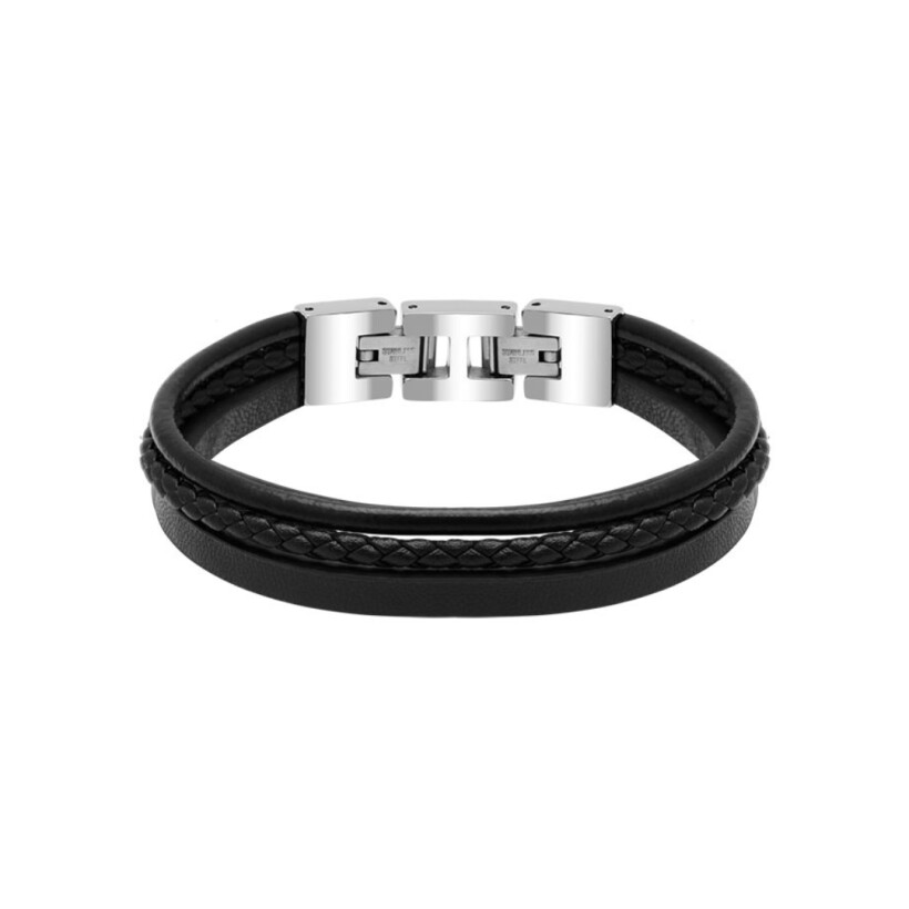 Bracelet en acier et cuir noir