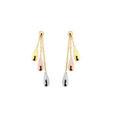 Boucles d'oreilles pendantes en or jaune, or blanc et or rose