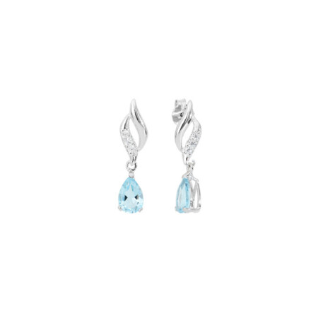 Boucles d'oreilles en or blanc, topaze bleue traitée et oxyde de zirconium