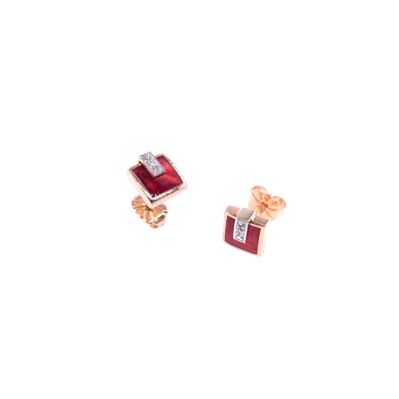 Boucles d'oreilles en or rose, diamants et résine nacrée rouge coquelicot