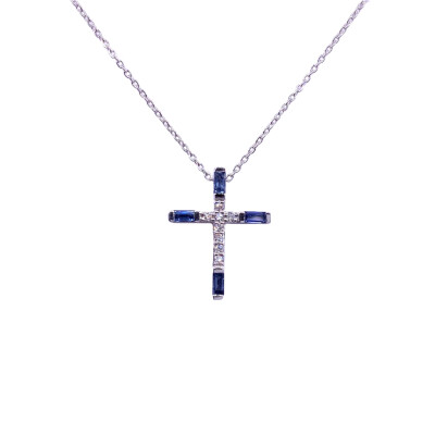 Collier en or blanc, saphirs et diamants, motif croix