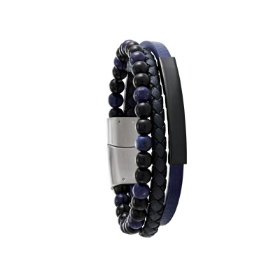 Bracelet en cuir, acier, onyx et lapis lazuli