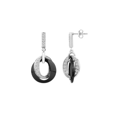 Boucles d'oreilles en argent, céramique noire et oxydes de zirconium