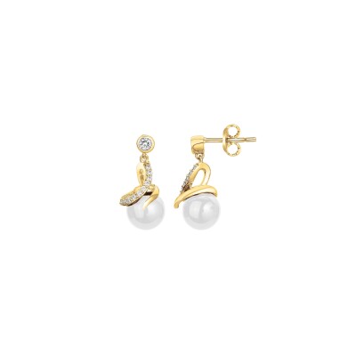 Boucles d'oreilles en plaqué or, céramique blanche et oxydes de zirconium