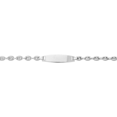 Bracelet identité en or blanc maille grain de café, plaque tonneau