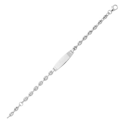 Bracelet identité en or blanc maille grain de café, plaque tonneau