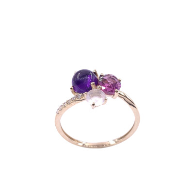 Bague en or jaune, améthyste, quartz rose, rhodolite et oxyde de zirconium