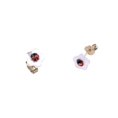 Boucles d'oreilles en or jaune motif coccinelle sur nacre