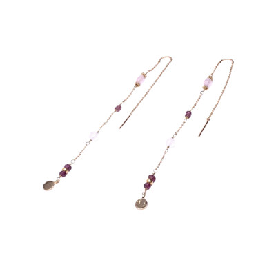 Boucles d'oreilles en or rose, améthyste, quartz rose et grenat
